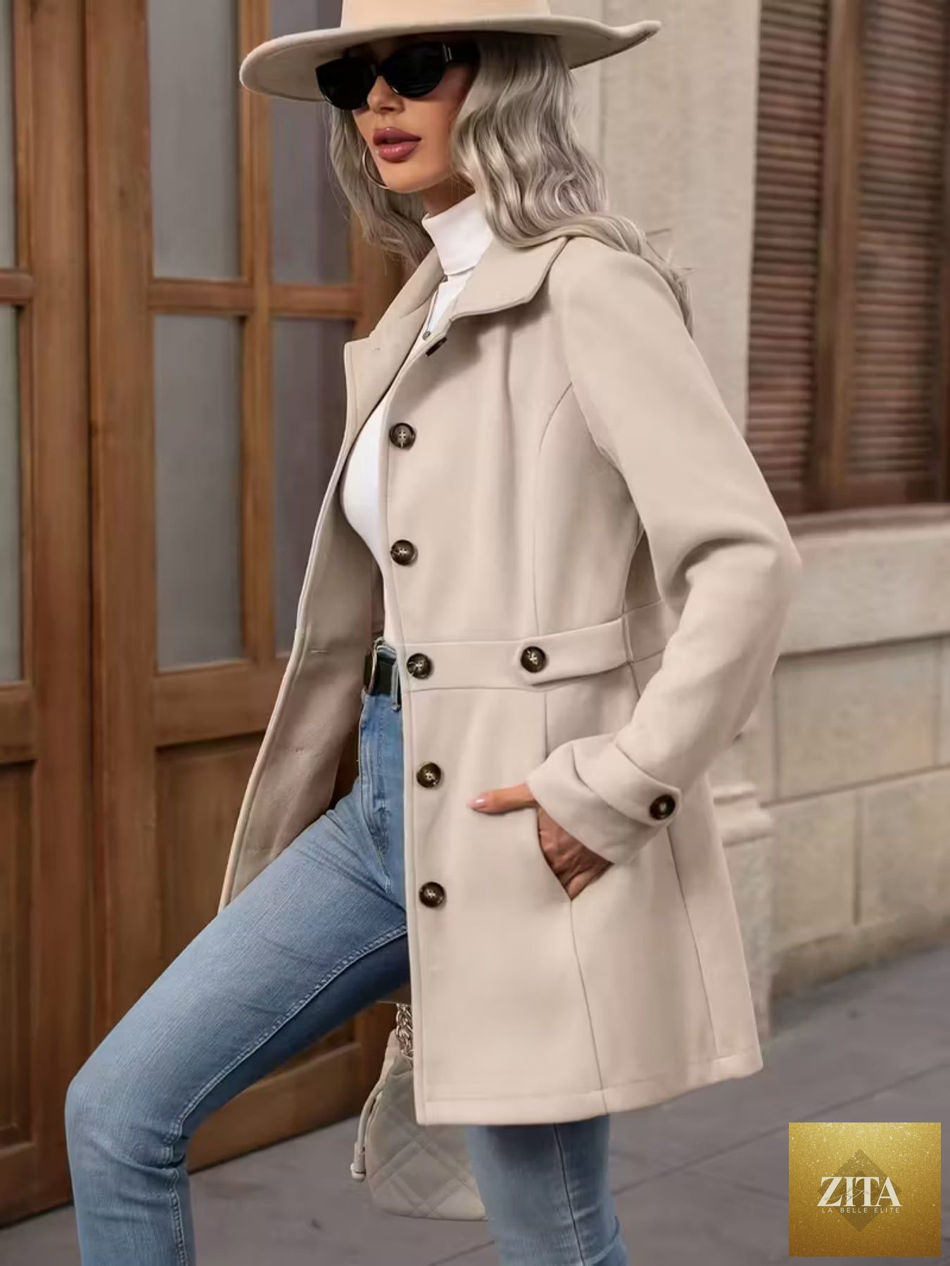 Women's elegant woolen coat by FitiqueFit featuring a medium-length design, lapel collar, slim fit, perfect for winter warmth.