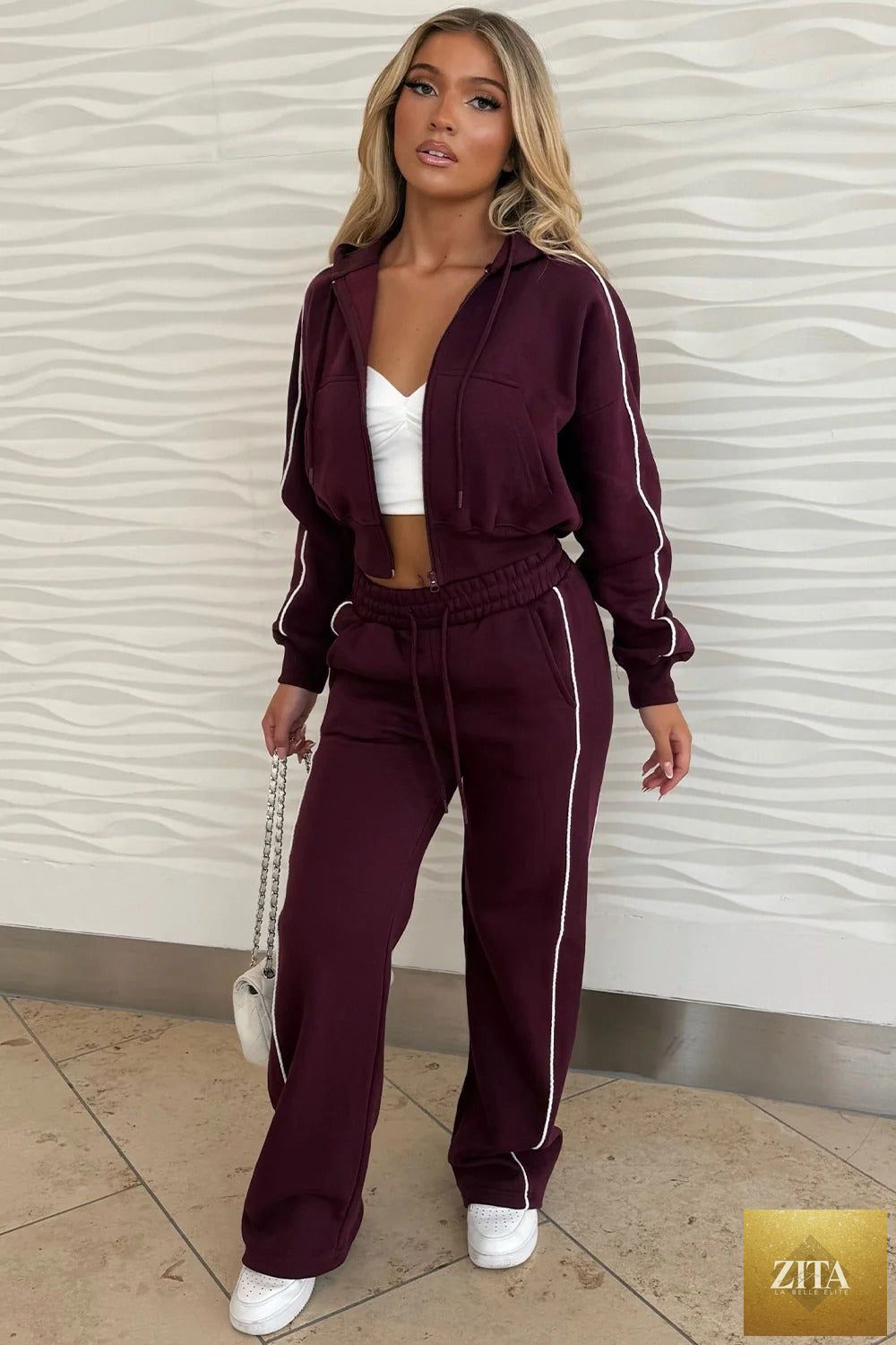 Women's Fleece Cropped Zip Hoodie & Wide-Leg Pants Set