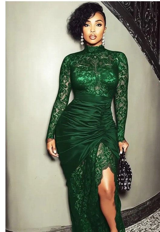 Green lace evening dress with mock neck, ruched detail, slit, perfect for dinner parties, by FLIPSTYLEZLLC.