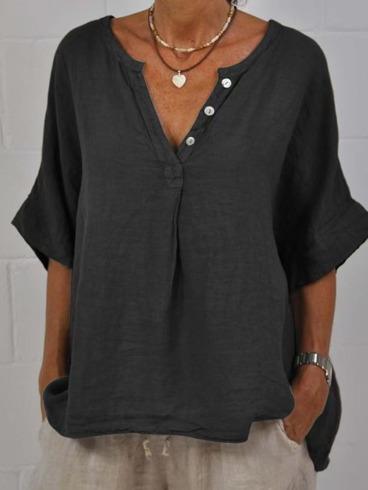 Women's Cotton Linen V-Neck Button-Up Shirt