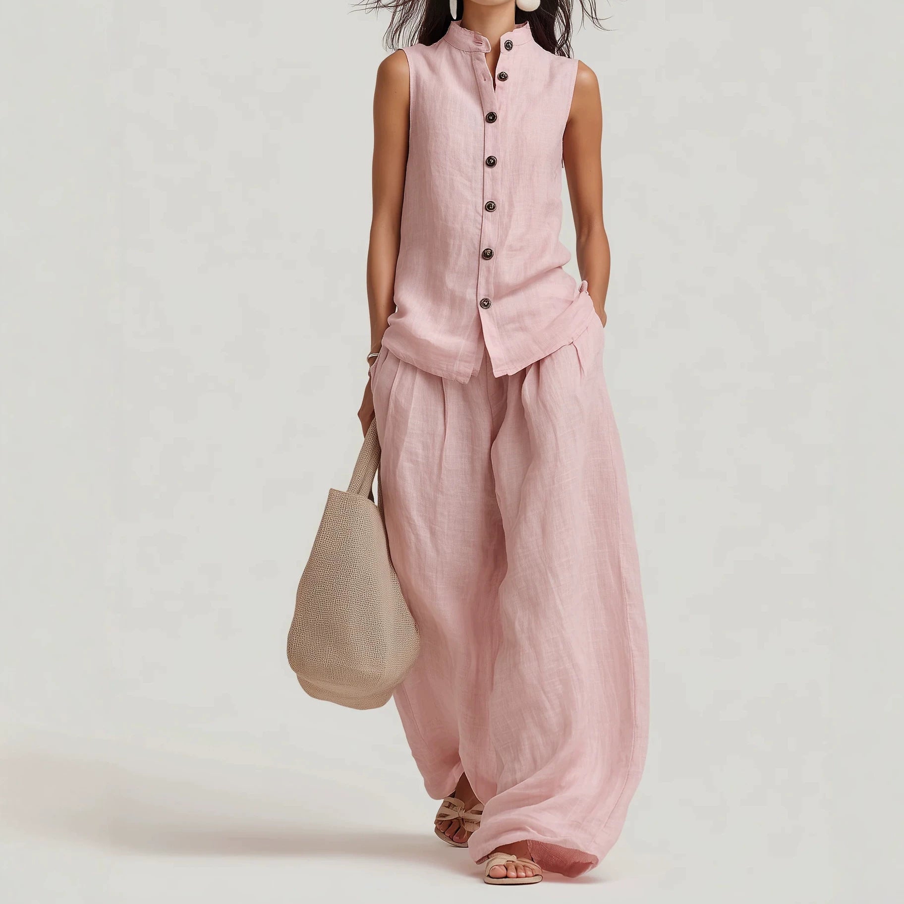Women's Cotton-Linen Sleeveless Crewneck Vest & Pants Set