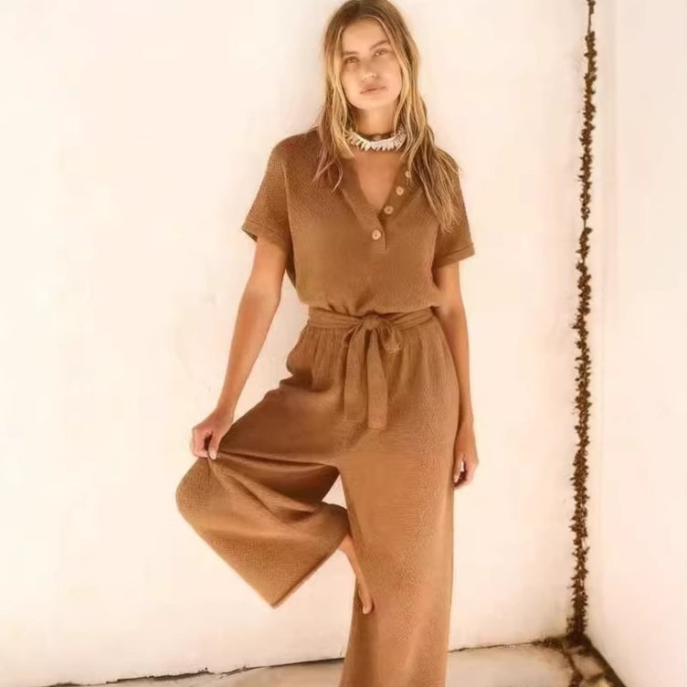 Women's Loose V-Neck Lace-Up Pocket Jumpsuit