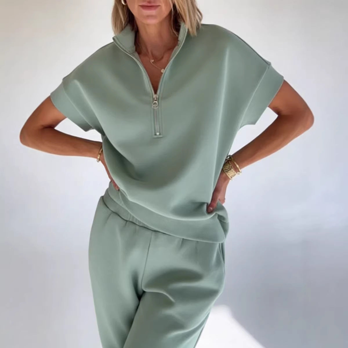 FitiqueFit athleisure knit 3/4 sleeve t-shirt and pants set in three colors, casualwear for sizes S to 3XL