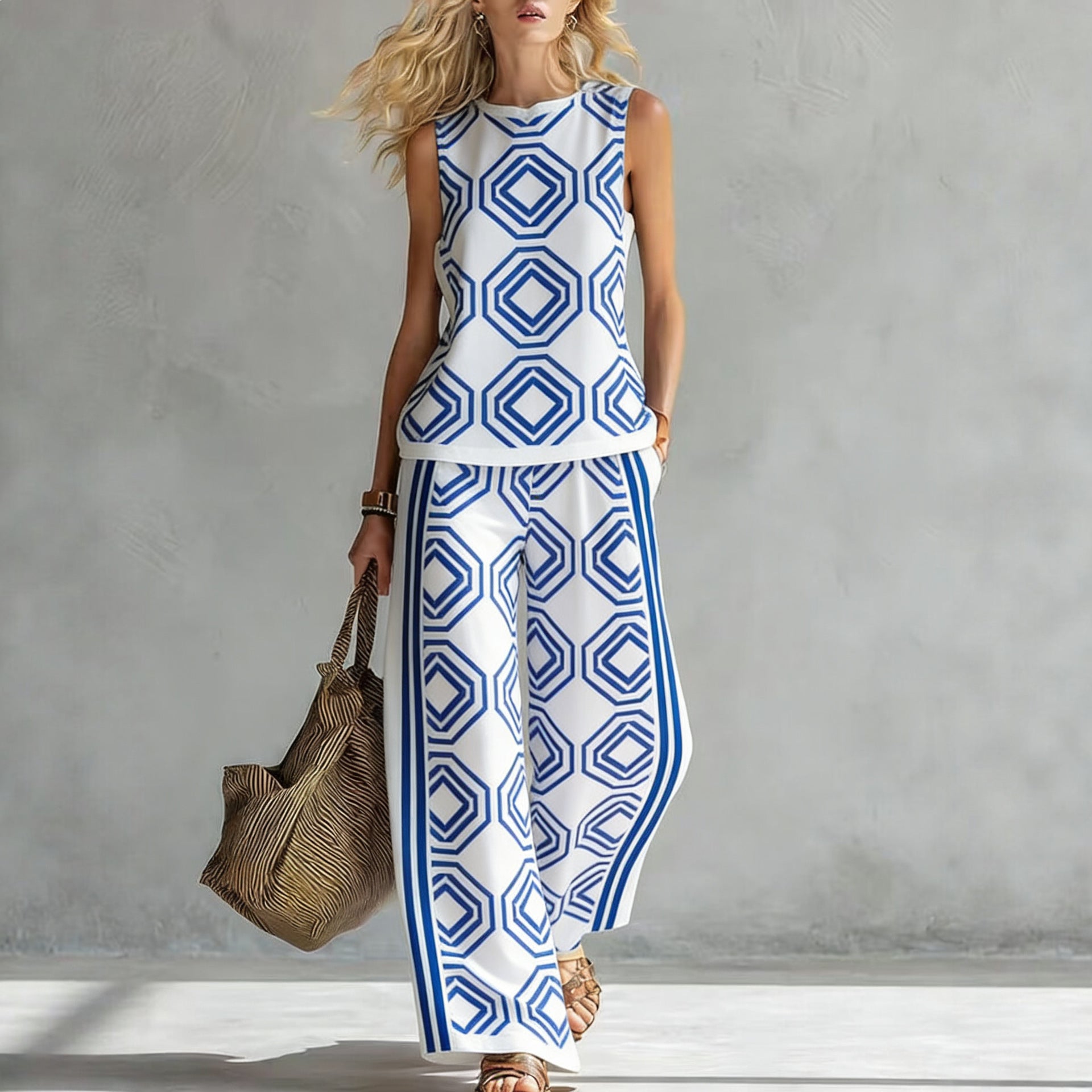 Women's sleeveless printed tank top and wide-leg pants two-piece casualwear set by FitiqueFit, featuring vibrant patterns and comfortable fit.