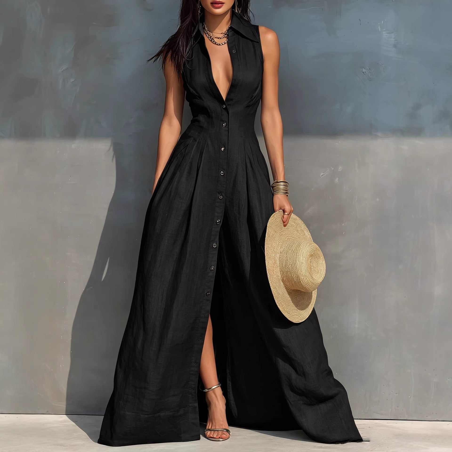 Women's High-Waist Lapel Shirt Maxi Dress – Elegant & Versatile