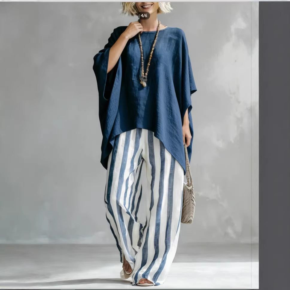 Women's striped batwing-sleeve linen two-piece set by FitiqueFit, featuring a loose casualwear style with relaxed fit and stylish design.