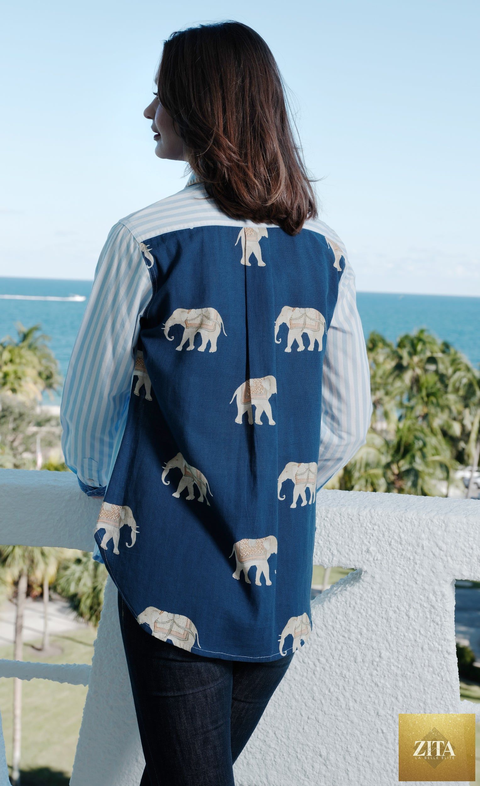 Chesapeake Hi Lo Top with Navy Ground Ellies on The Back