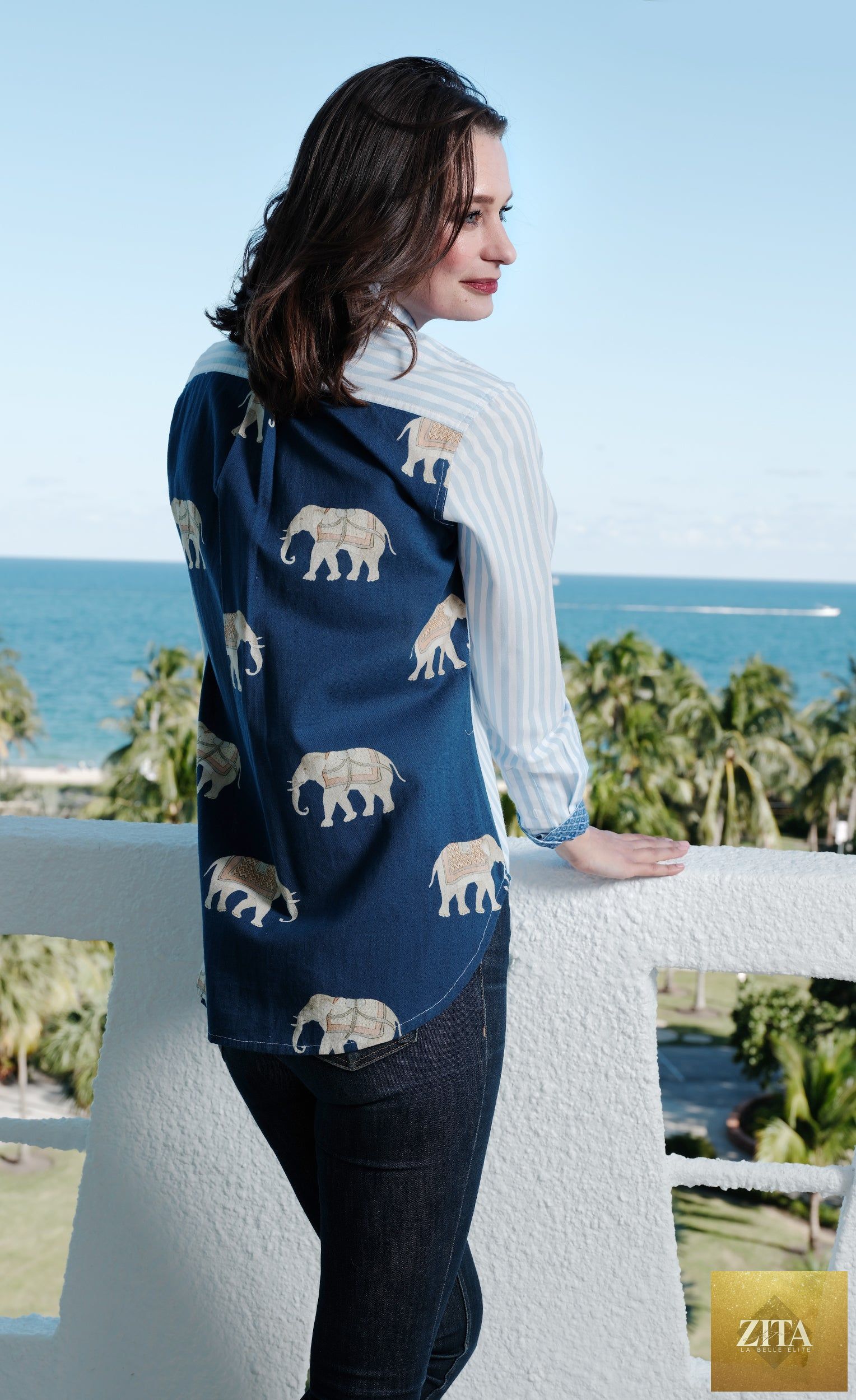 Chesapeake Hi Lo Top with Navy Ground Ellies on The Back