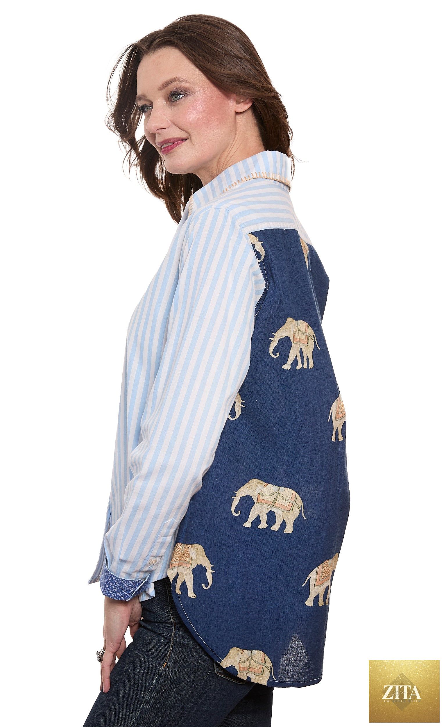 Chesapeake Hi Lo Top with Navy Ground Ellies on The Back