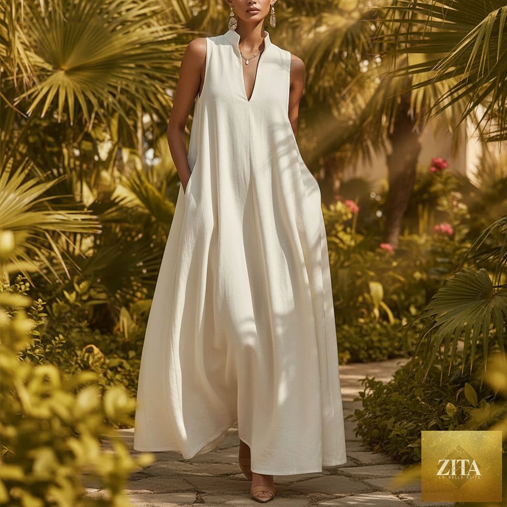 Women's sleeveless maxi dress with stand collar by MERIDGE, featuring a flowing silhouette and elegant design.