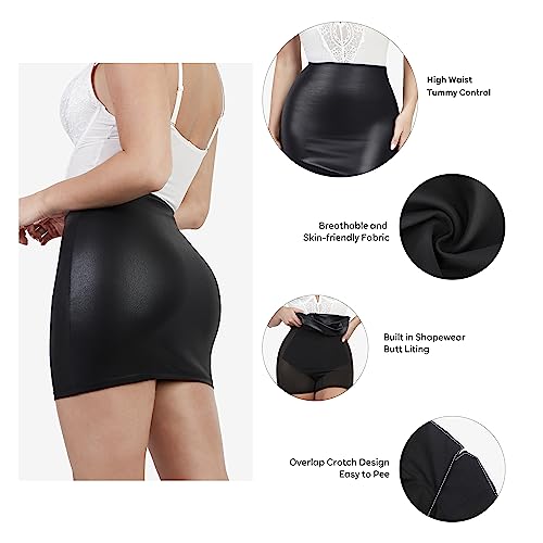 Lady Ros Popilush faux leather high waist mini skirt with built-in shapewear, tummy control, and shaper for women, black color.