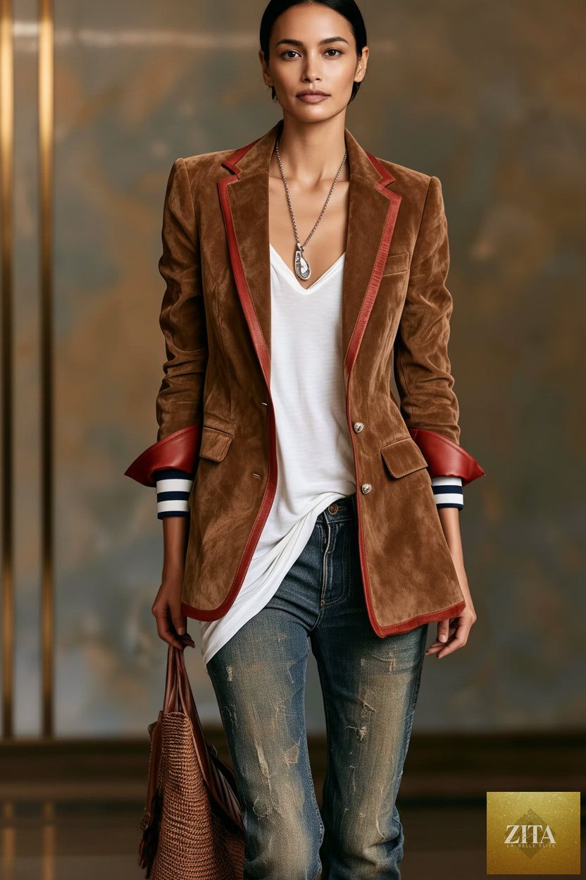 Suede Color-Block Blazer with Contrast Trim
