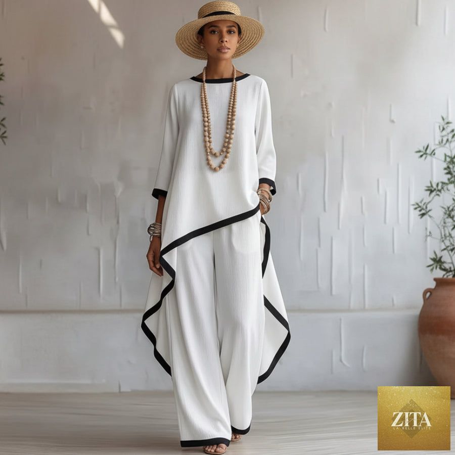 Women's Asymmetric Linen Tunic & Wide-Leg Pants Set