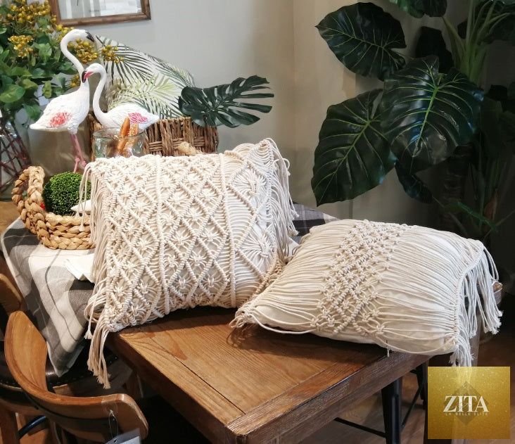 Bohemian hand-woven cotton cushion cover with macrame design, perfect for boho-style home decor.