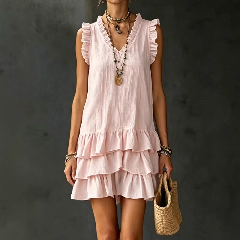 FitiqueFit V-neck ruffle-trim tiered sleeveless midi dress in four colors, casualwear, displayed on a mannequin.