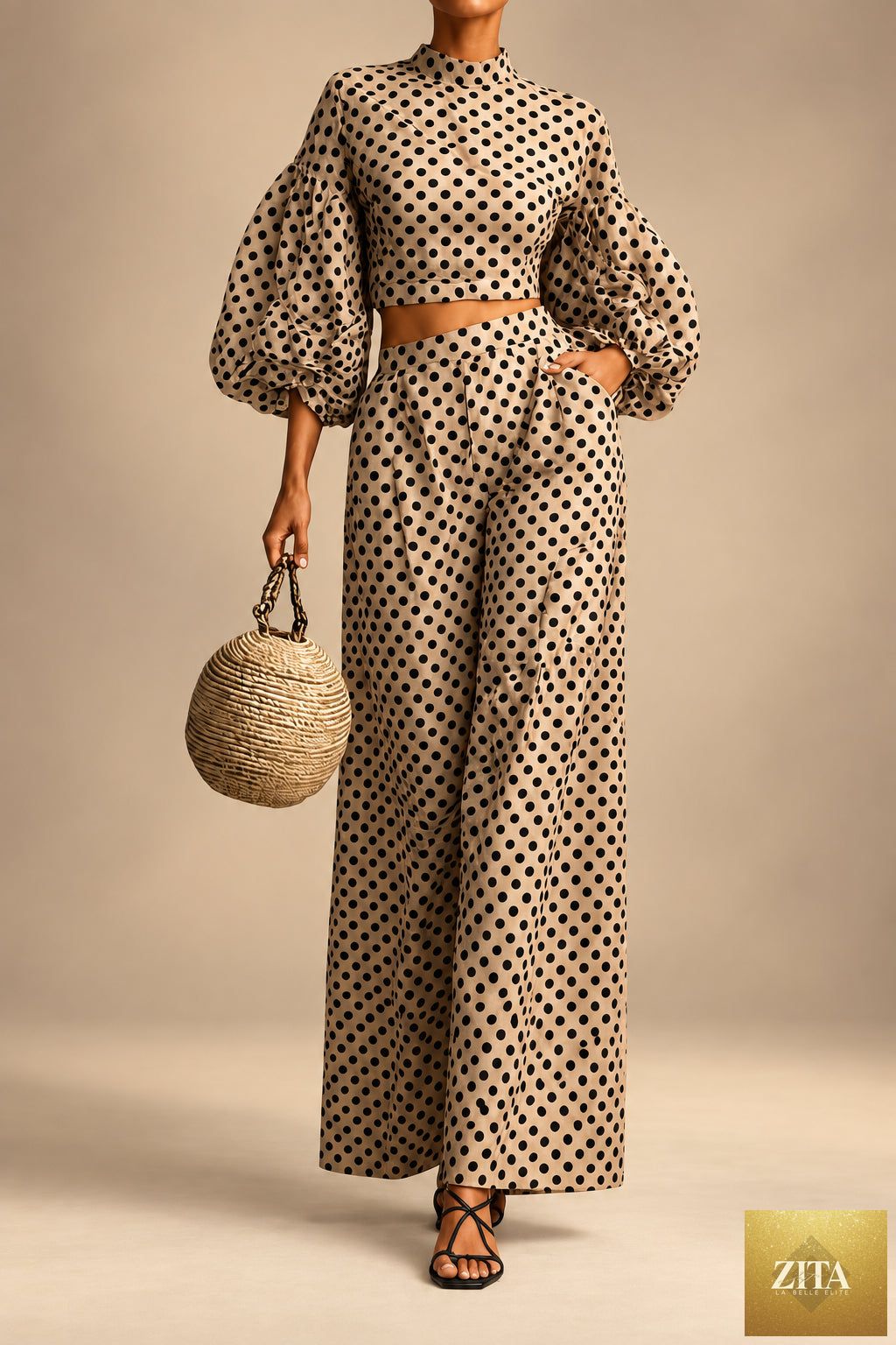 Women's 2-Piece Polka Dot Set – Lantern-Sleeve Mock-Neck Crop Top & High-Waisted Wide-Leg Trouser