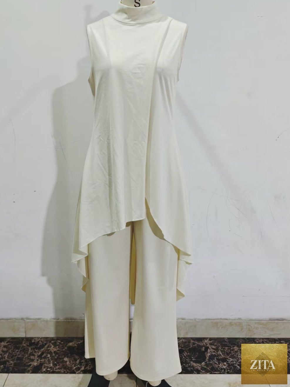 Women's Mock Turtleneck Sleeveless Asymmetric Cascade Drape Longline Top & Wide-Leg Cropped Trouser Set