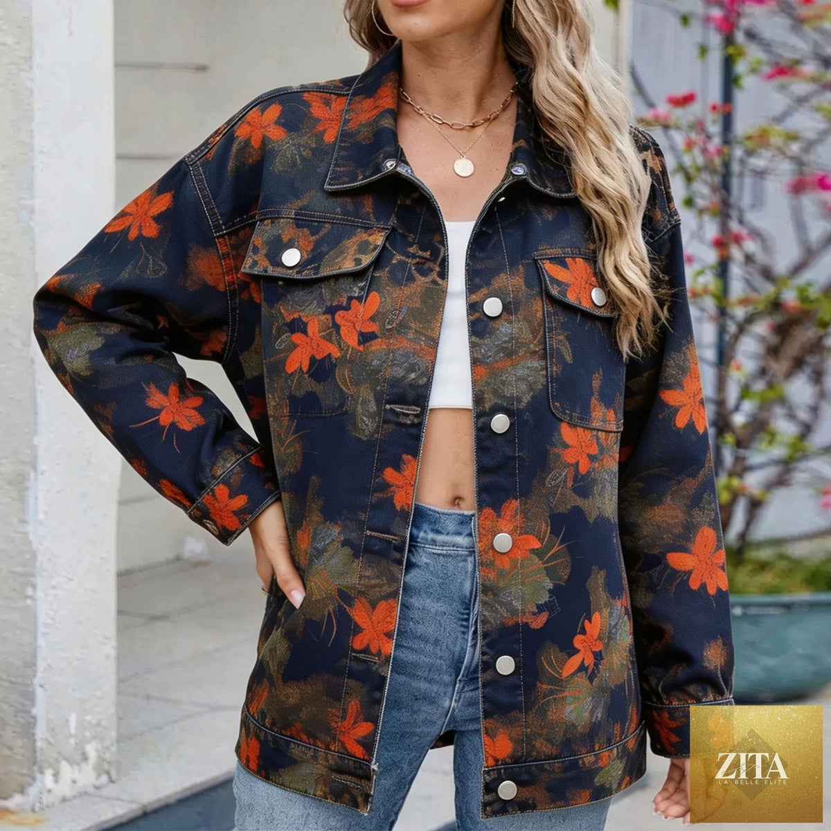 Women's Botanical Print Drop-Shoulder Denim Jacket