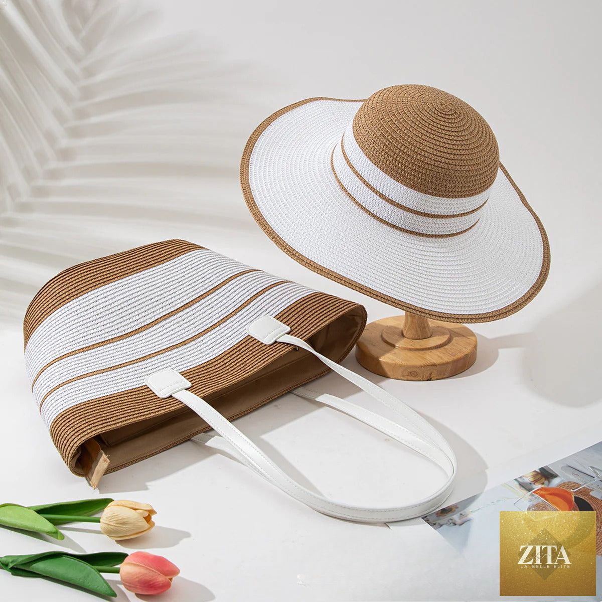 Straw Hat & Tote Set – Beach Vacation Sun Protection Duo, Large Capacity Travel Tote