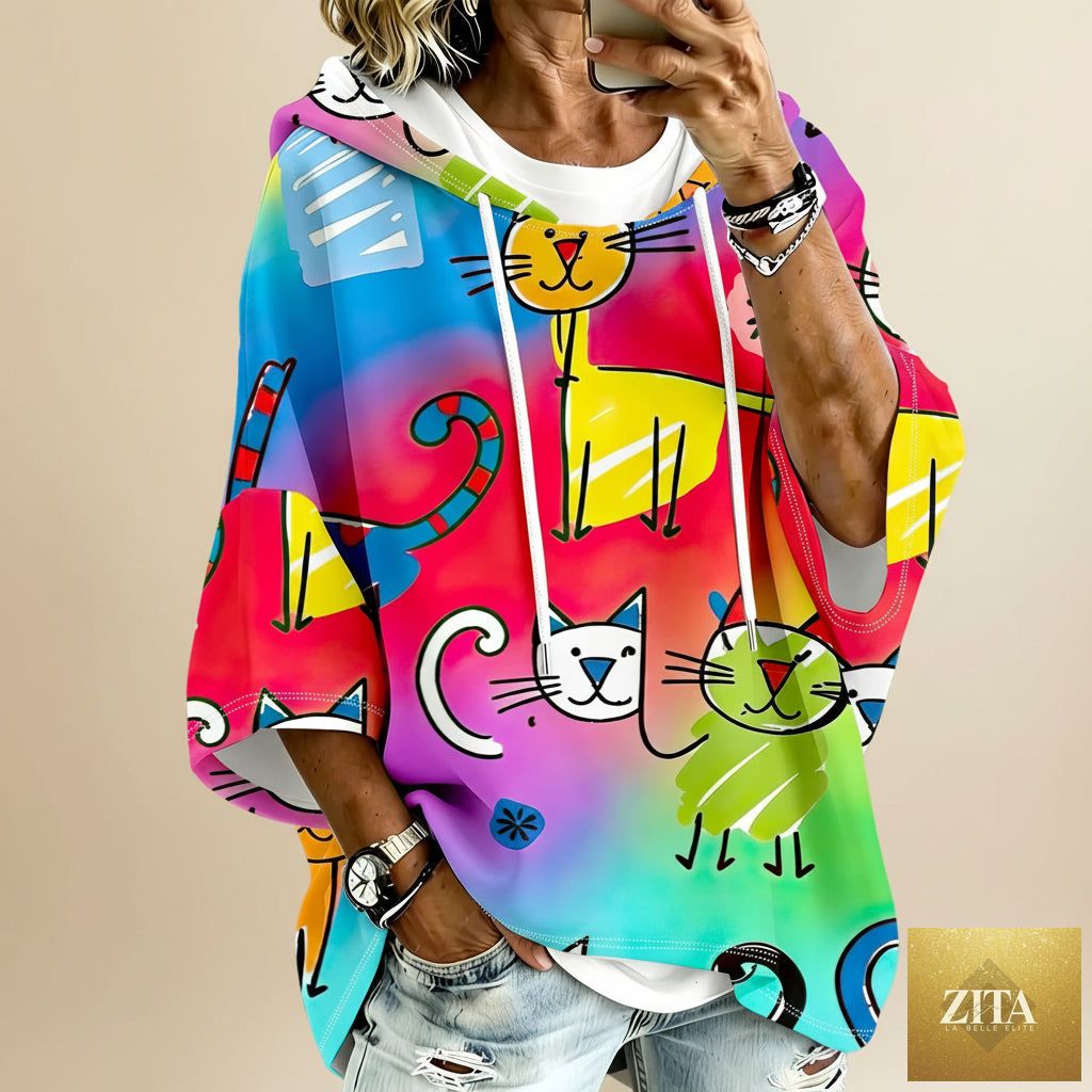 Cartoon Cat Print Hoodie with 3/4 Sleeves & Drawstring