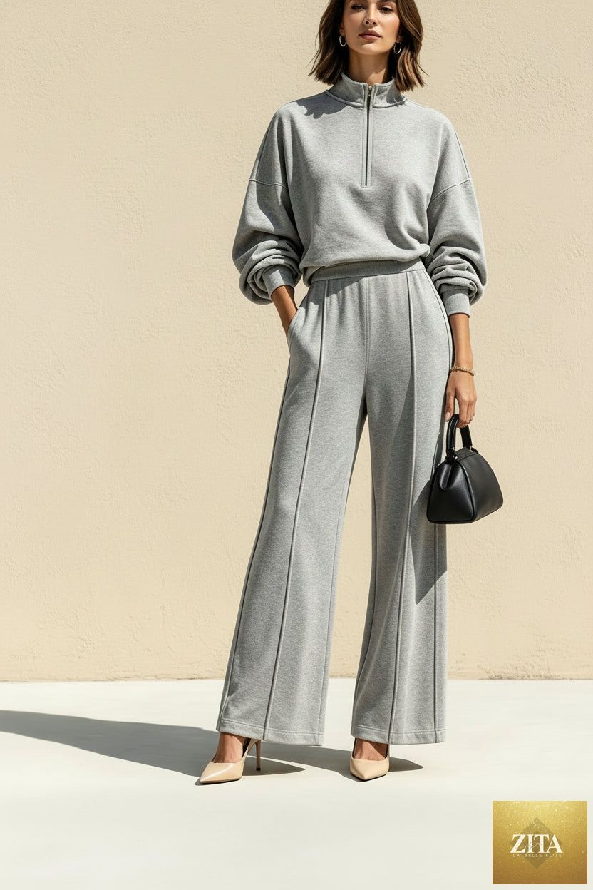 Women's Half-Zip Hoodie & Wide-Leg Pants Set