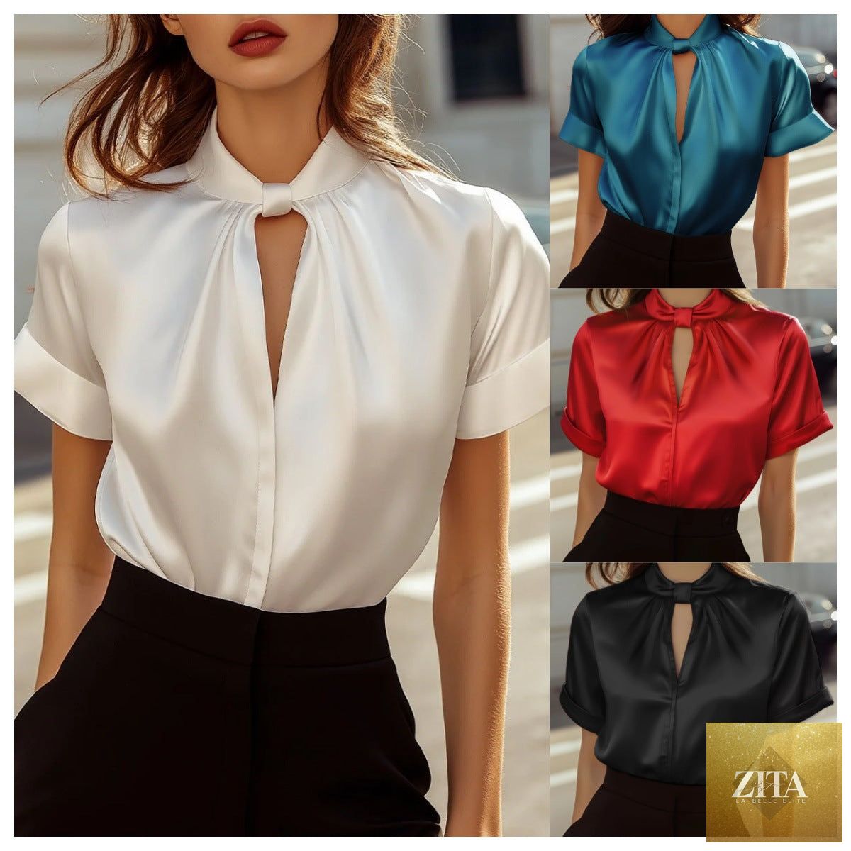 Women's satin short-sleeve top shirt with a relaxed fit, featuring a smooth, shiny fabric and a classic collar style.