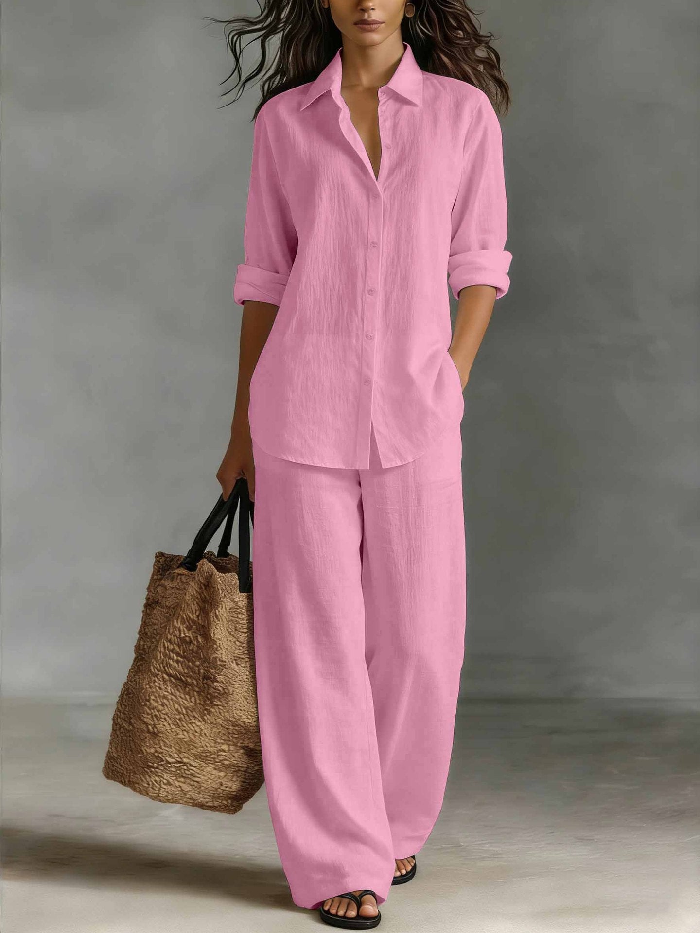 Women's bohemian cotton-linen top and pants set by FitiqueFit, casual resort lounge co-ord, relaxed fit and breathable fabric.