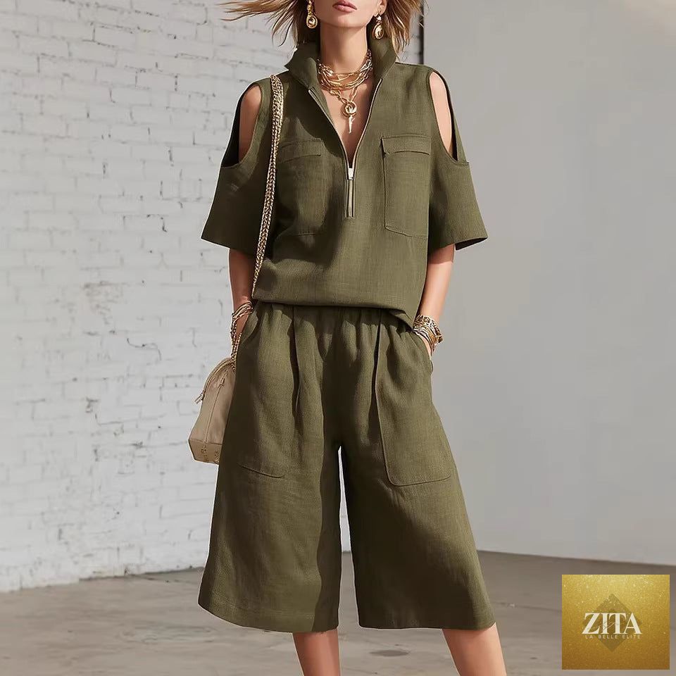 MERIDGE short-sleeve shirt and loose shorts two-piece set, casual summer outfit, lightweight fabric, neutral color, laid-back style