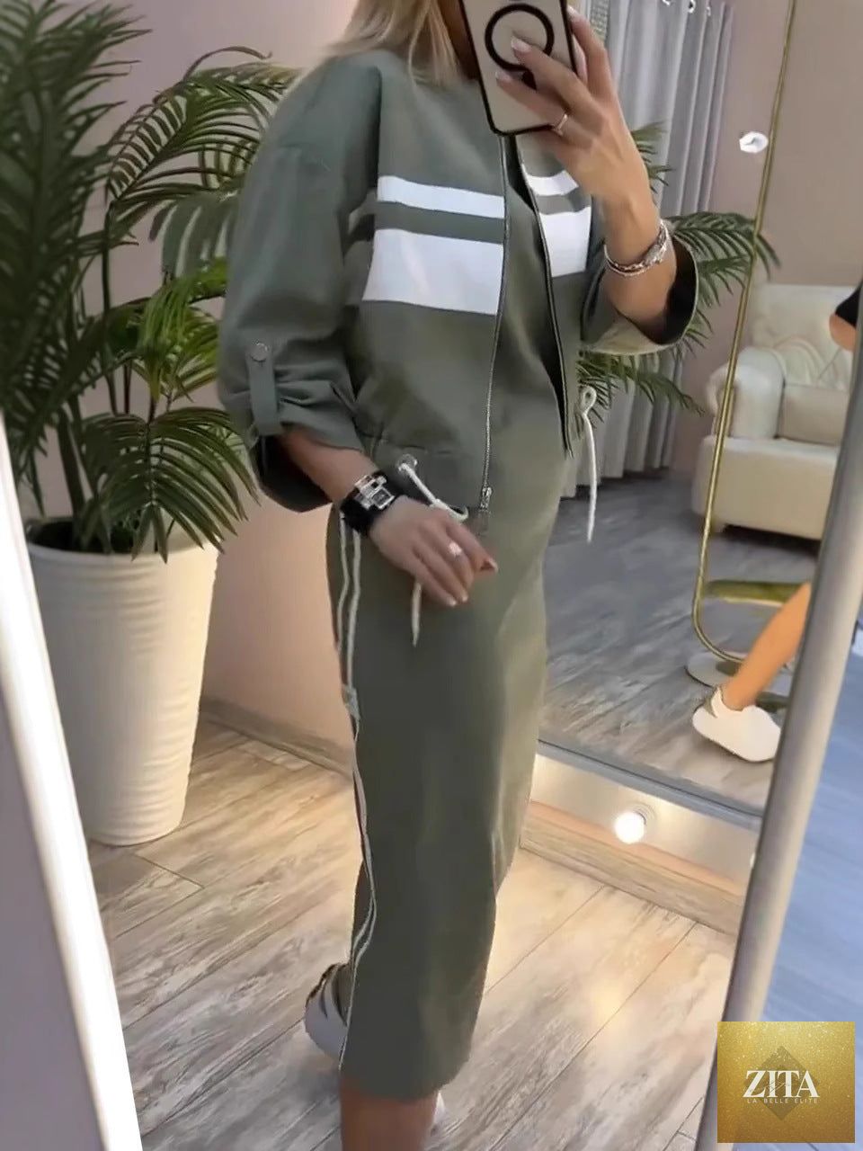 Women's Zip-Up Bomber Track Jacket & Bodycon Midi Dress Set