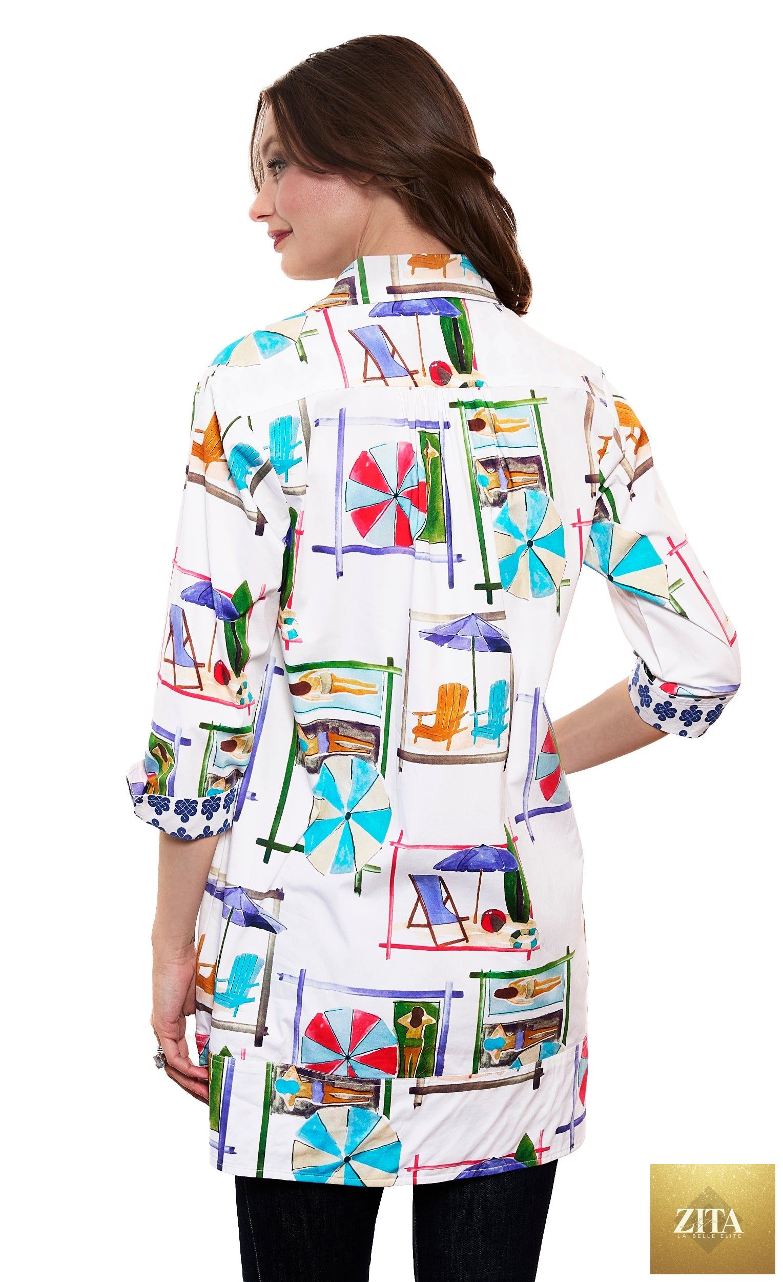Vail Tunic White Ground Beach Chairs Print