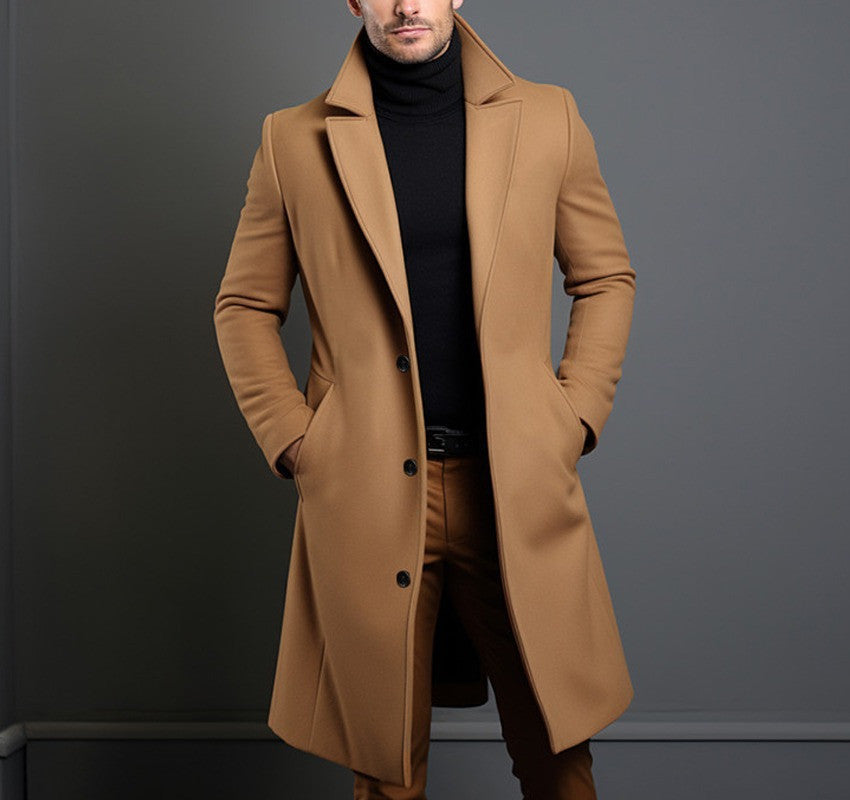 Men's mid-length trench coat from Social Buzz eSIMs, featuring slim pockets, single-breasted collar, suitable for fall and winter.