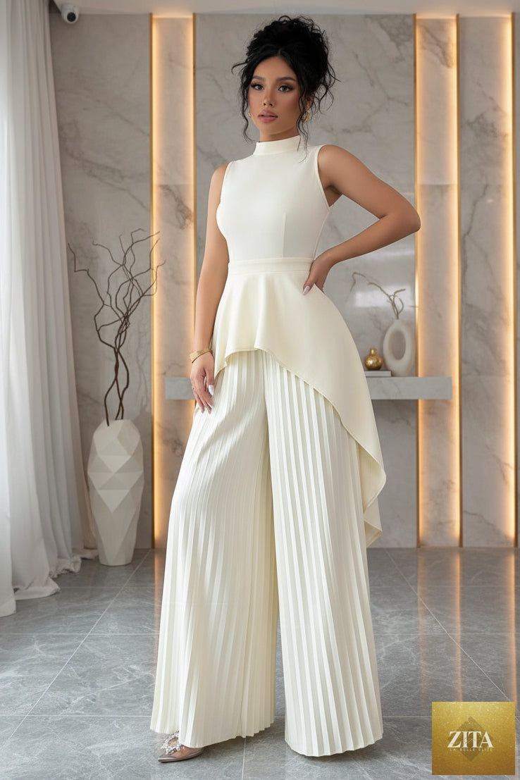 Women's Mock Neck Asymmetric Hi-Lo Peplum Top & Accordion Pleated Wide-Leg Palazzo Pants Set