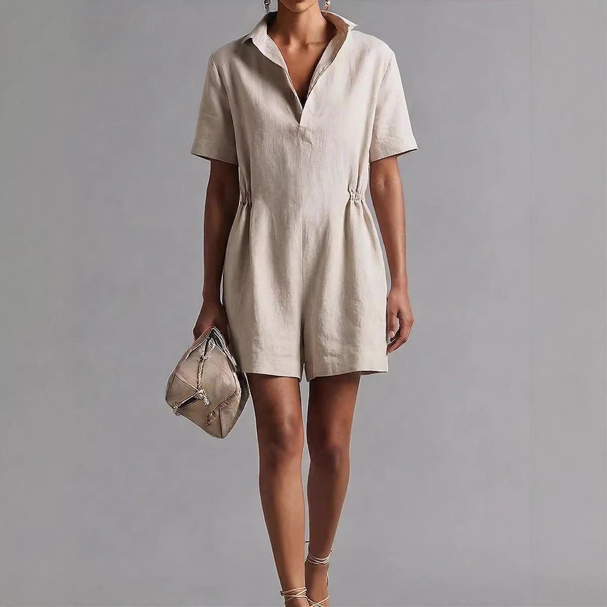 Women's Casual Lapel-Neck Three-Quarter Sleeve Split Jumpsuit