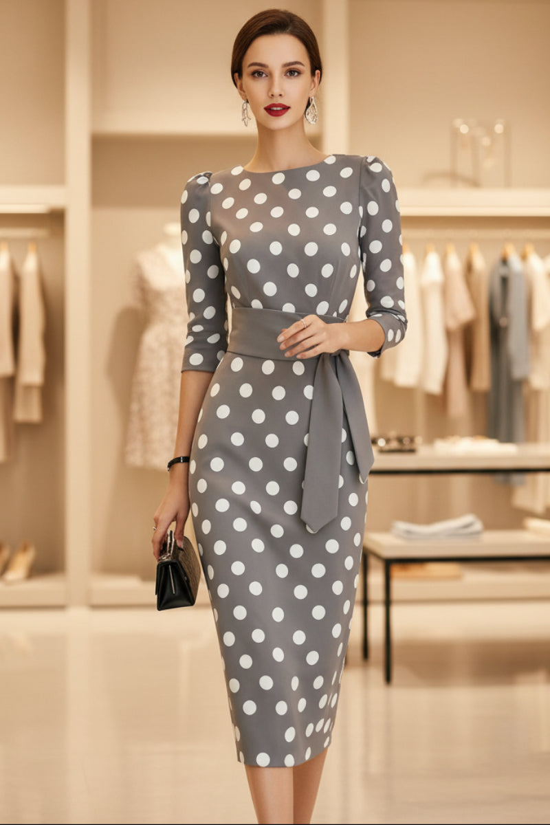Women's retro polka-dot bodycon midi dress by FitiqueFit featuring a belted cross-tie waist, perfect for casual wear.