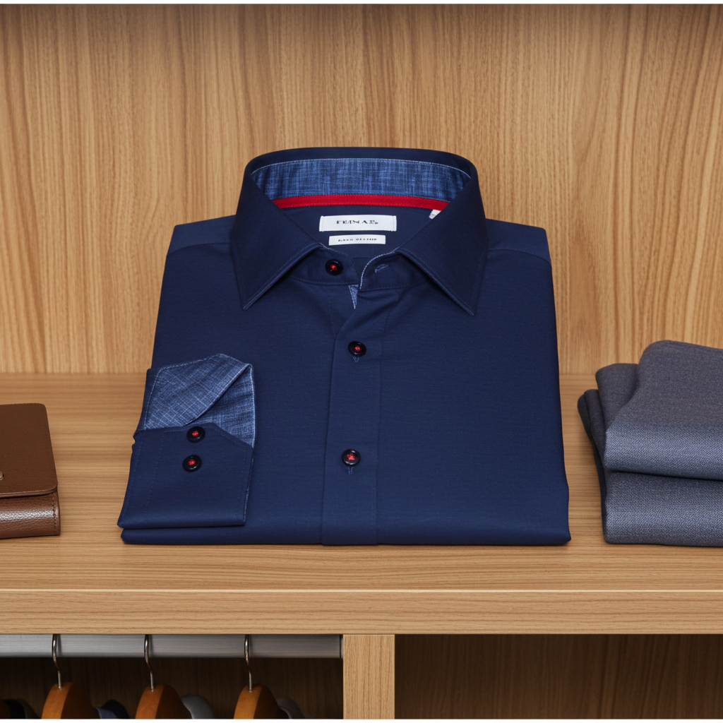 LEVINAS® navy cotton knit-stretch button-up shirt with contrast details, tailored fit, and long sleeves.