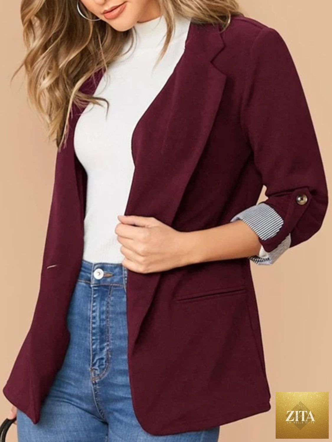 SITRA lapel collar blazer with roll-tab sleeves, tailored fit, in classic design, suitable for professional or casual wear.