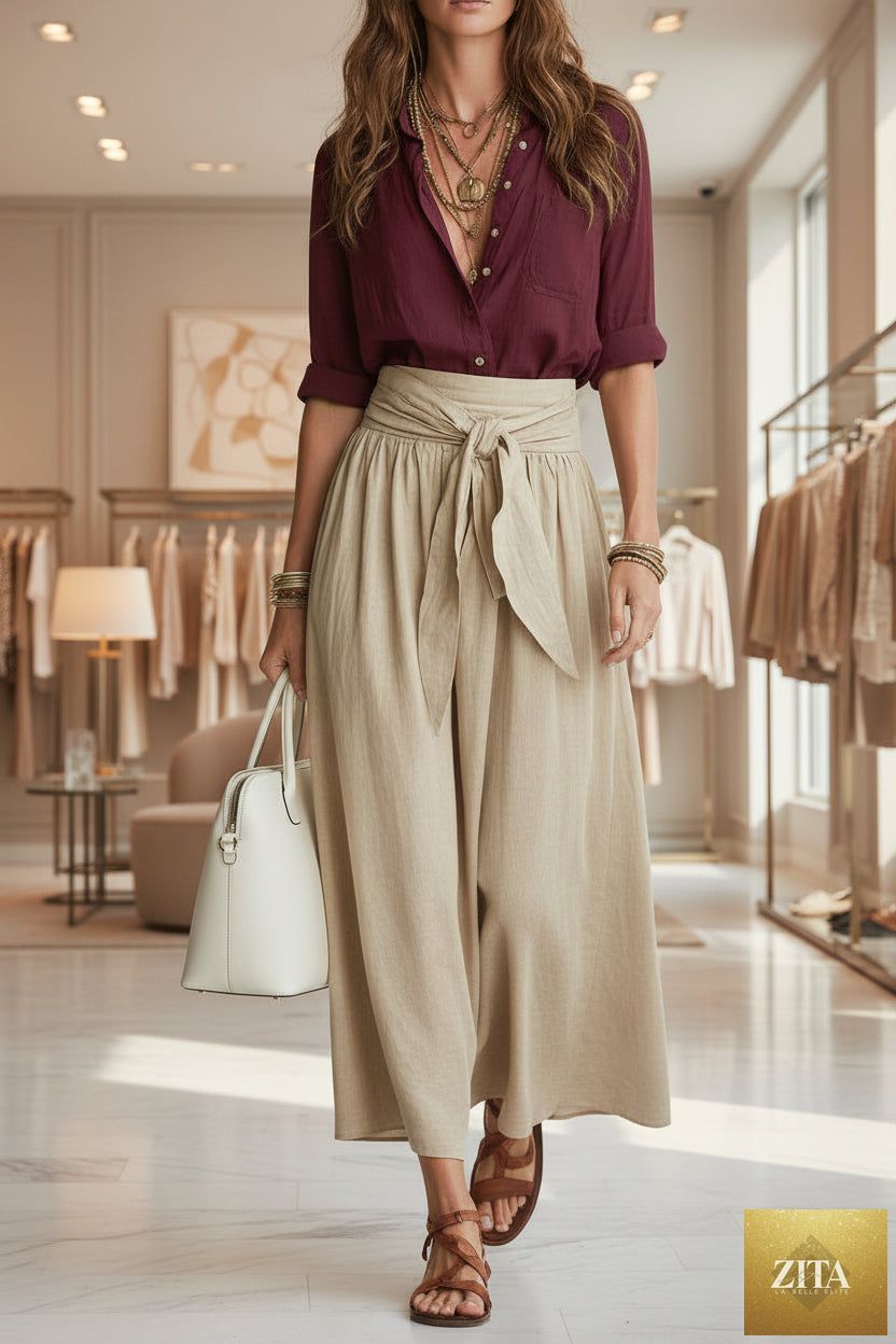 MERIDGE button-down shirt and high-waist tie skirt two-piece set displayed on a model, showcasing stylish, coordinated fashion.
