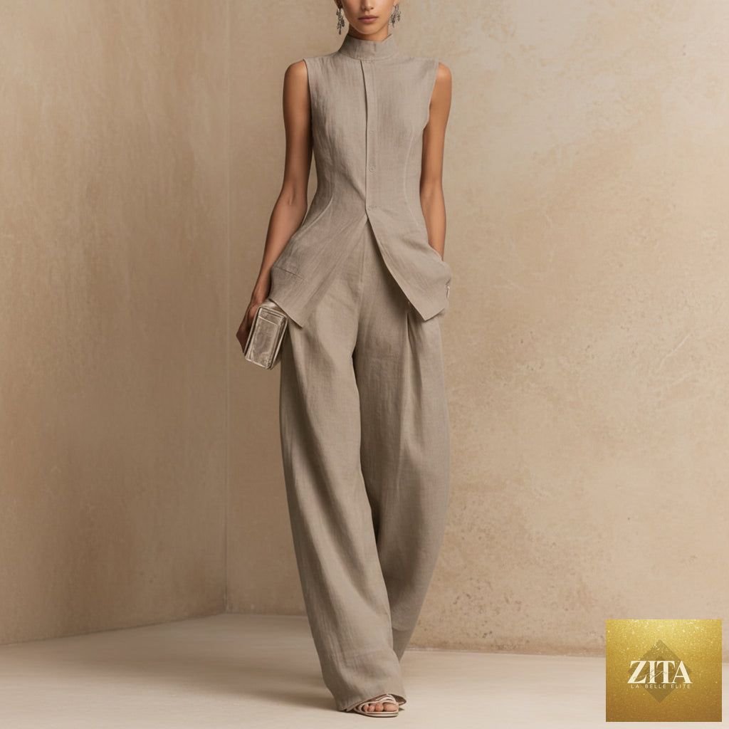 Women's MERIDGE two-piece set featuring a stand collar longline vest top and wide-leg trousers, displayed on a neutral background.