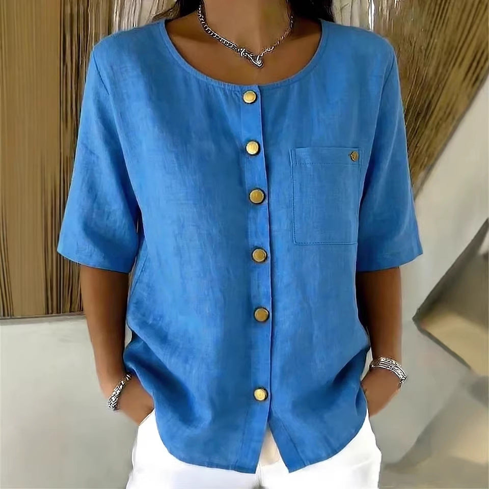 Crew-Neck 3/4 Sleeve Shirt with Metal Buttons – 7 Colors, S–3XL