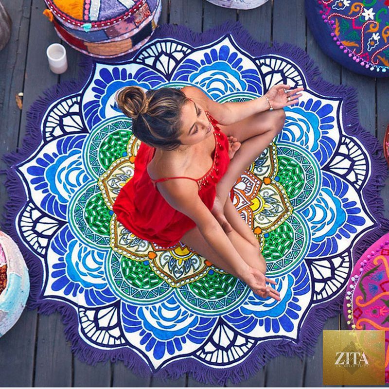 Polygon printing tassel round bath towel yoga mat with colorful design and tassel accents, ideal for yoga and bath use.