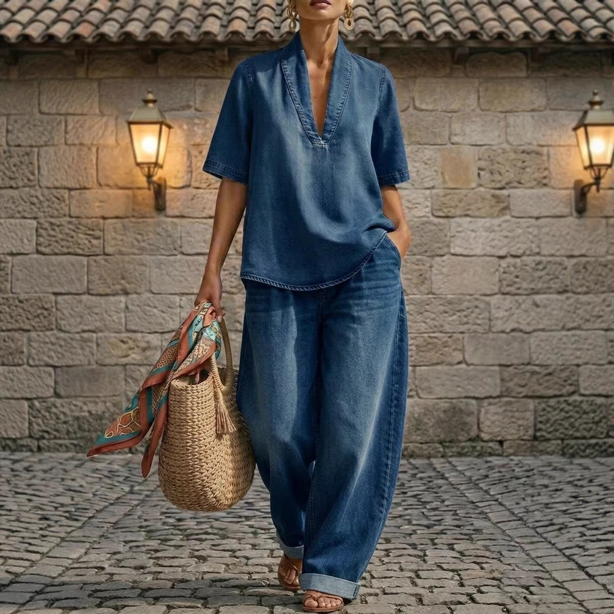 Casual FitiqueFit retro washed denim V-neck top and wide-leg pants set in three colors, available in sizes S to 3XL.