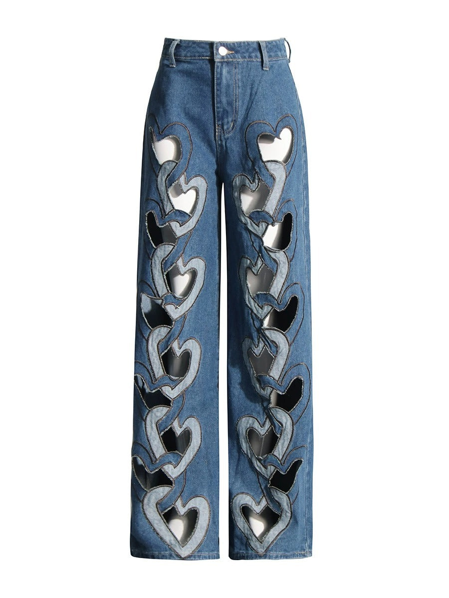 High waist hollowed heart shape wide leg jeans by FLIPSTYLEZLLC, showcasing distressed details and relaxed fit on a model.