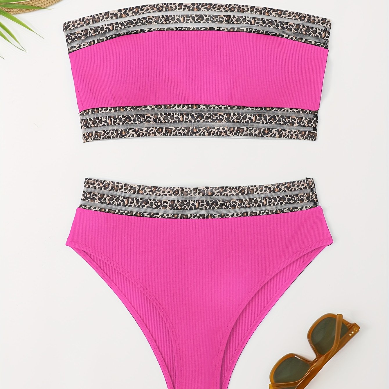 Stevvex leopard print high waist bandeau bikini set for women with mesh detail, perfect for beach, pool, and summer vacations.