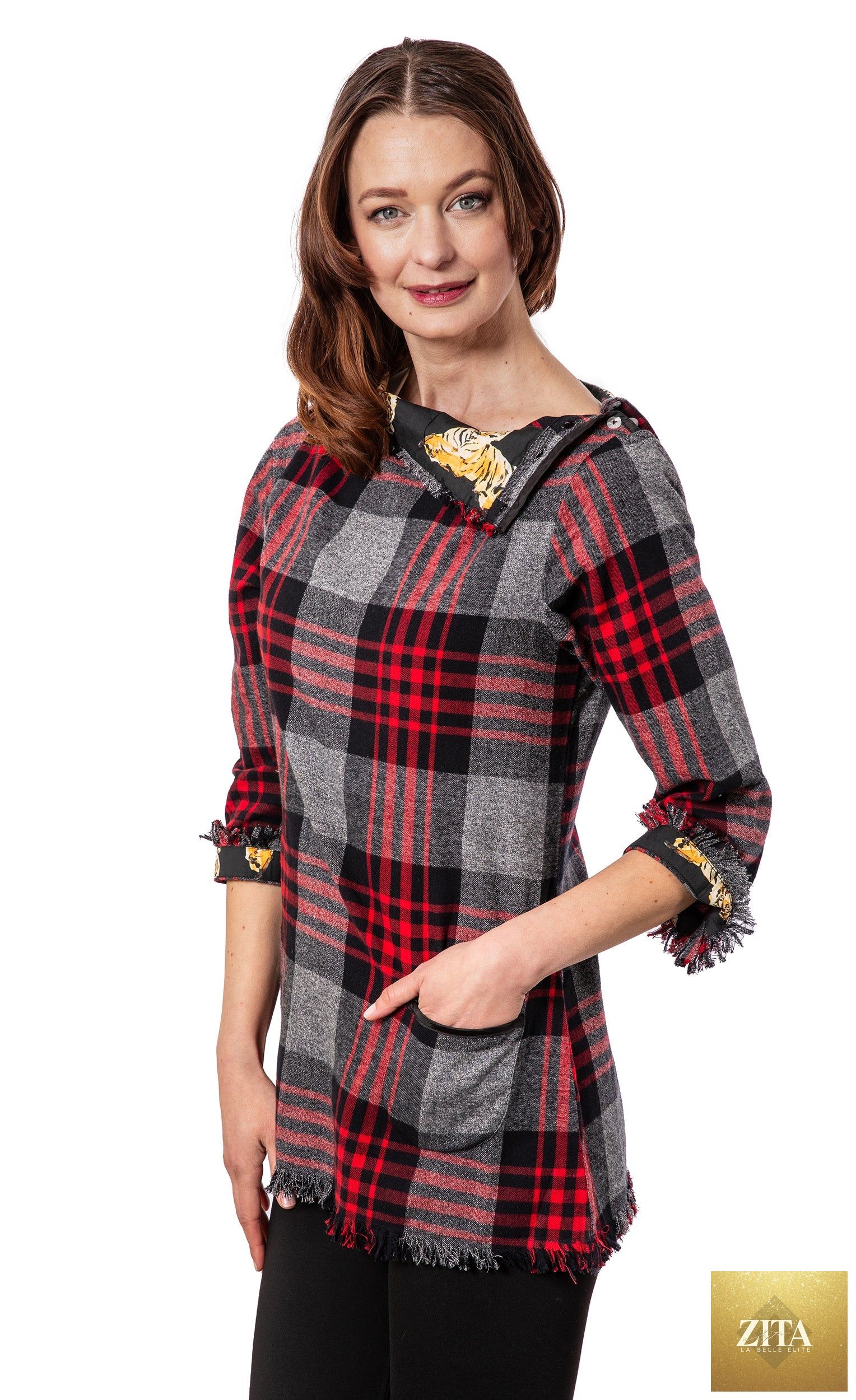 Aspen Flannel Tunic Red Black Yarndyed Plaid
