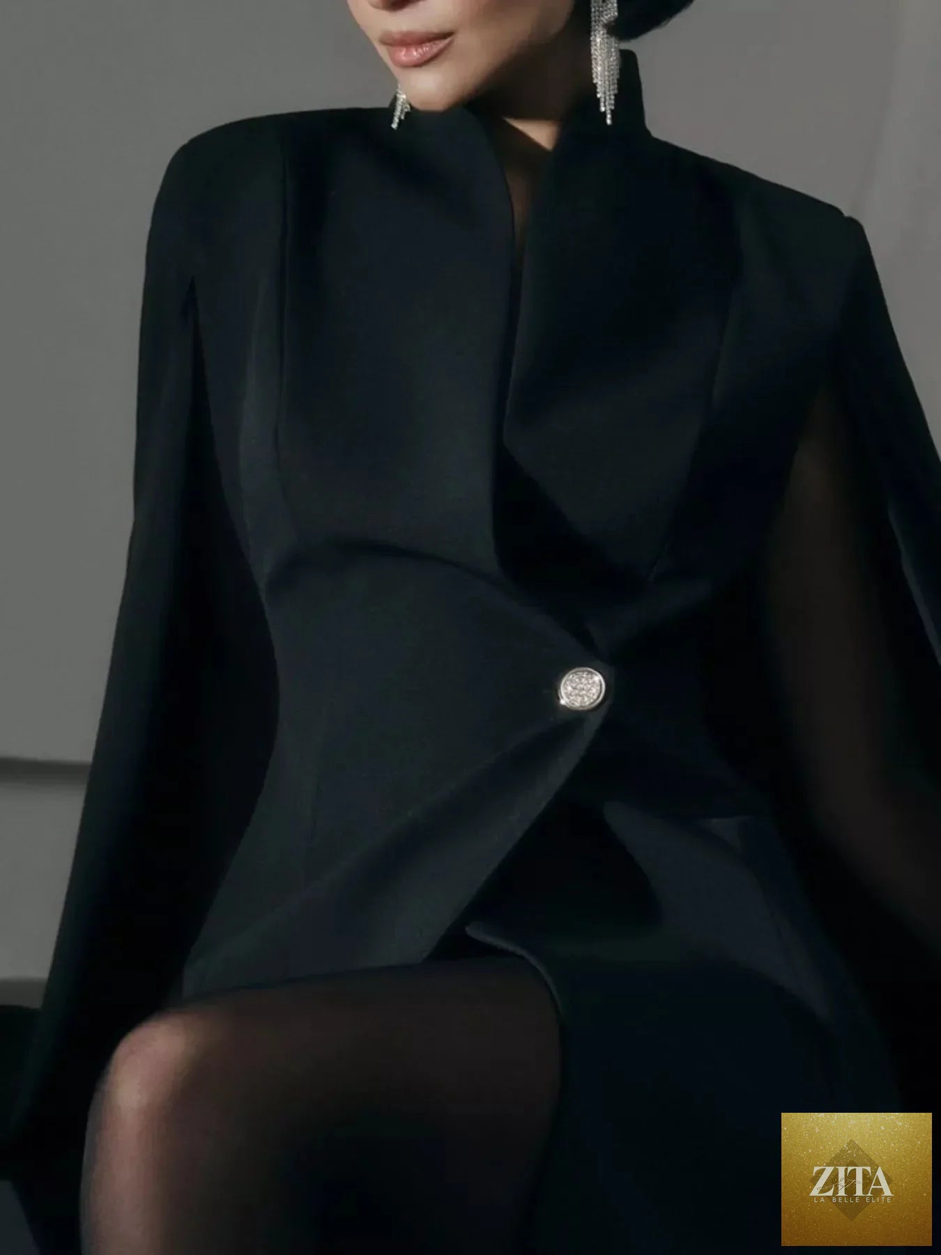 Shopiebay fitted mini blazer dress with one button, cape sleeves, sleek design, perfect for stylish occasions.