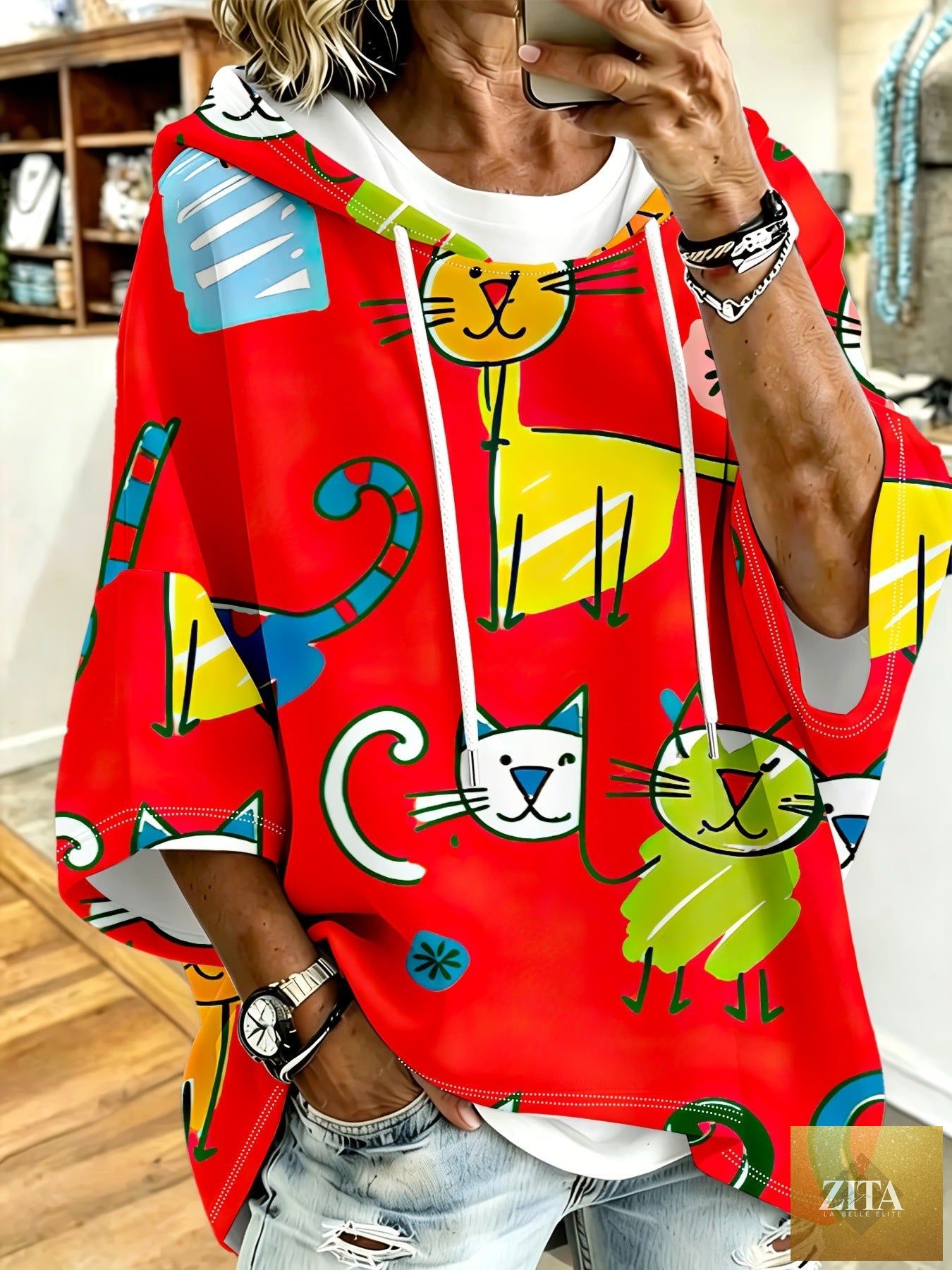 Cartoon Cat Print Hoodie with 3/4 Sleeves & Drawstring