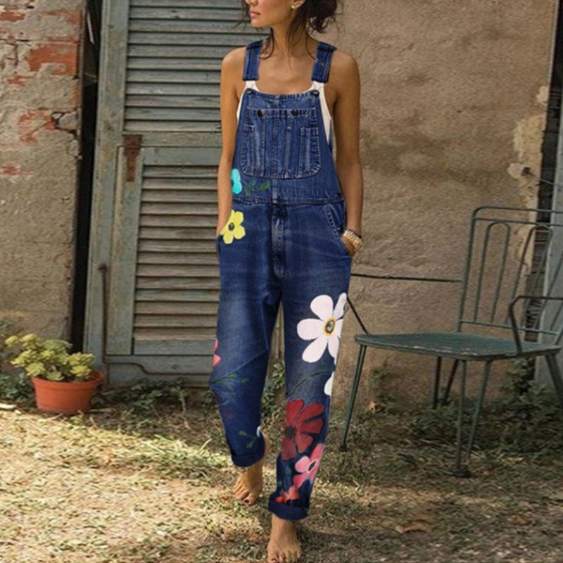 Women's printed ripped loose straight-leg high-waist denim pants by FitiqueFit, shown in a relaxed fit with distressed details.