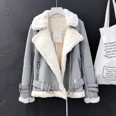 Women's Lamb Wool and thick suede leather motorcycle coat, warm winter jacket with stylish design and cozy lining.