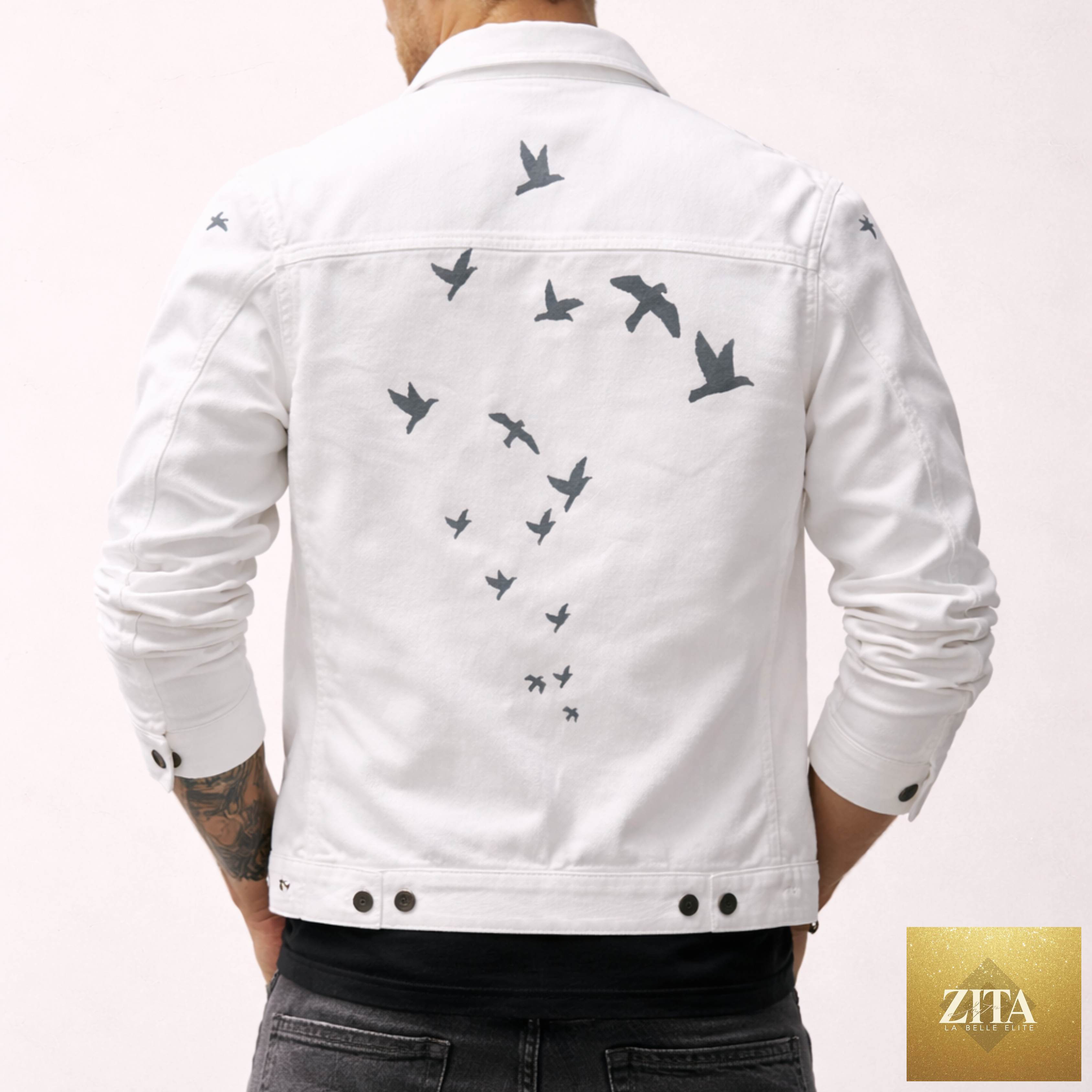 Kinetix Beach Birds jacket cardigan in snow white, casual luxury style with bird pattern detail, lightweight and comfortable for everyday wear.