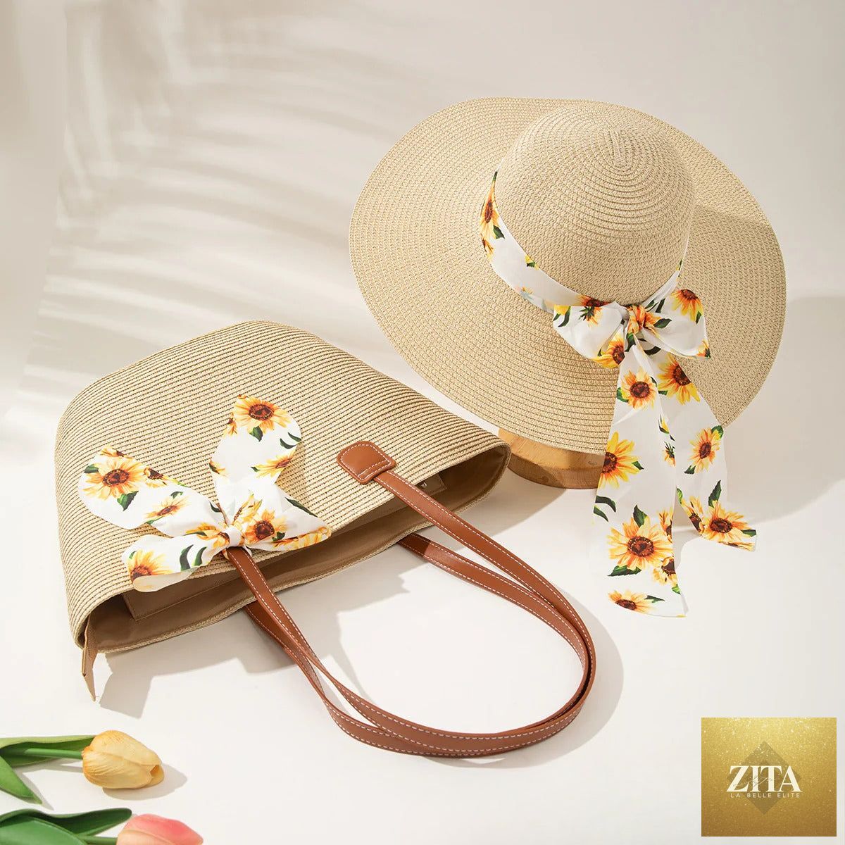 Straw Hat & Tote Set – Beach Vacation Sun Protection Duo, Large Capacity Travel Tote